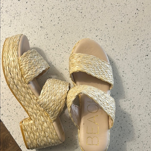 Tan Textured Flat Sandals with Woven Straps - Picture 2 of 4